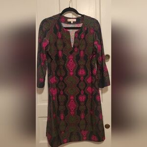 Jude Connally Black Dress with Pink & Olive Geometric Print